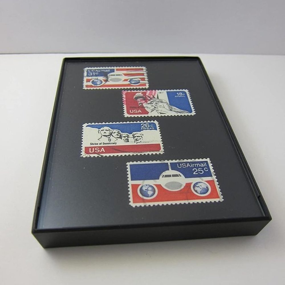 Airmail America Red White and Blue Framed Postage Stamp Art - 3.5"x5" USA Vintag